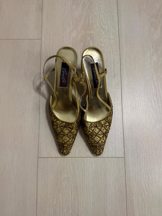 Camille La Vie Shoes - Camille La Vie Metallic Gold Beaded Pointed Slingback Heels